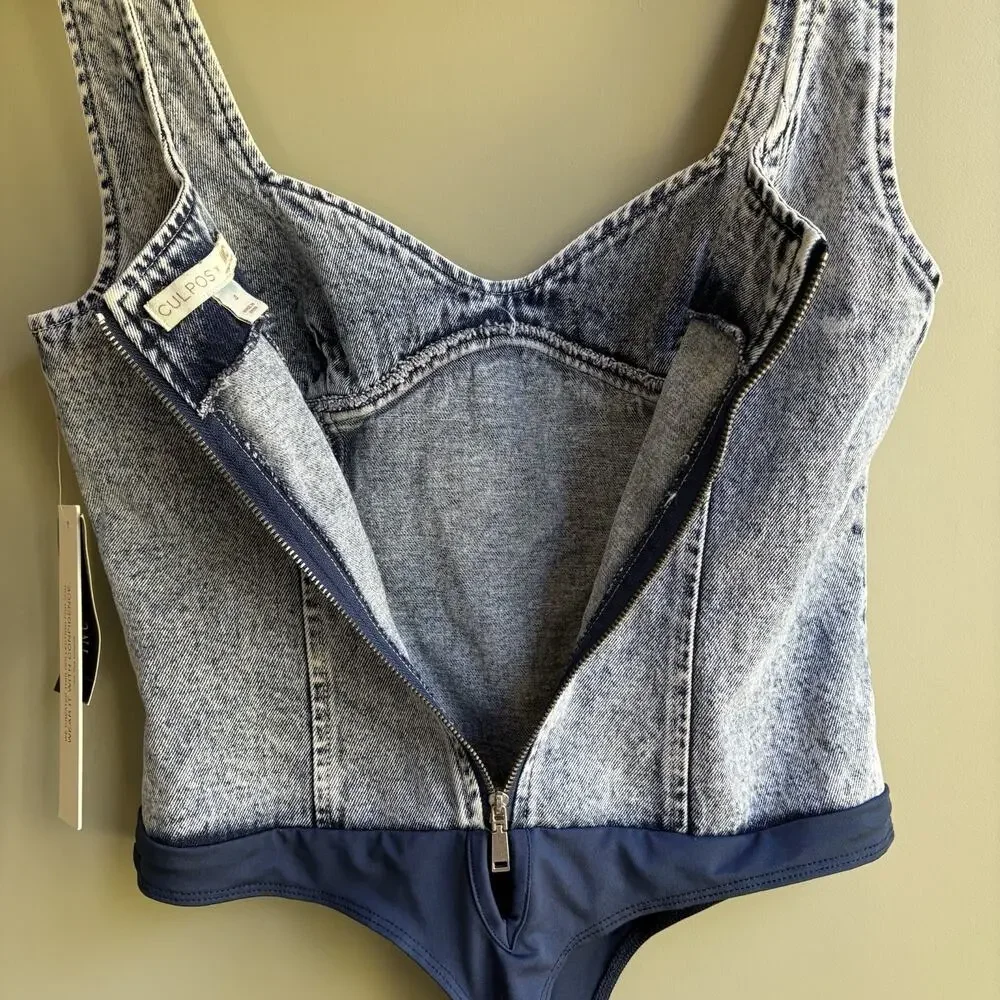 New CULPOS x INC Denim Sleeveless Bodysuit Acid Wash Y2K Festival Retro 90s Sz 4 - Picture 8 of 13